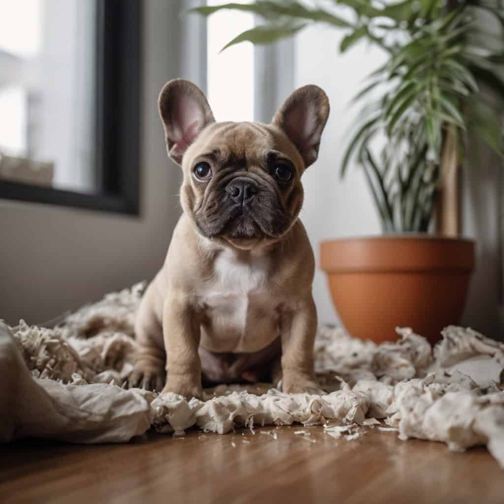 A mischievous puppy standing in a room surrounded by chewed-up items.