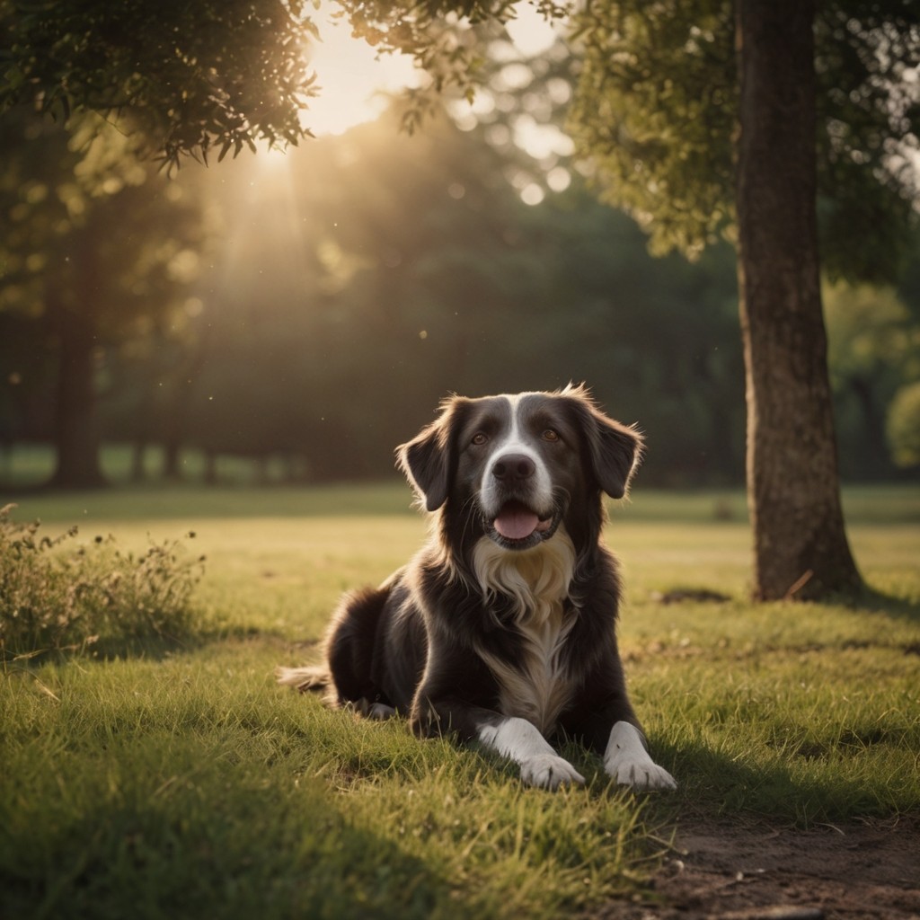 A black and white dog lying on the grass in the park
