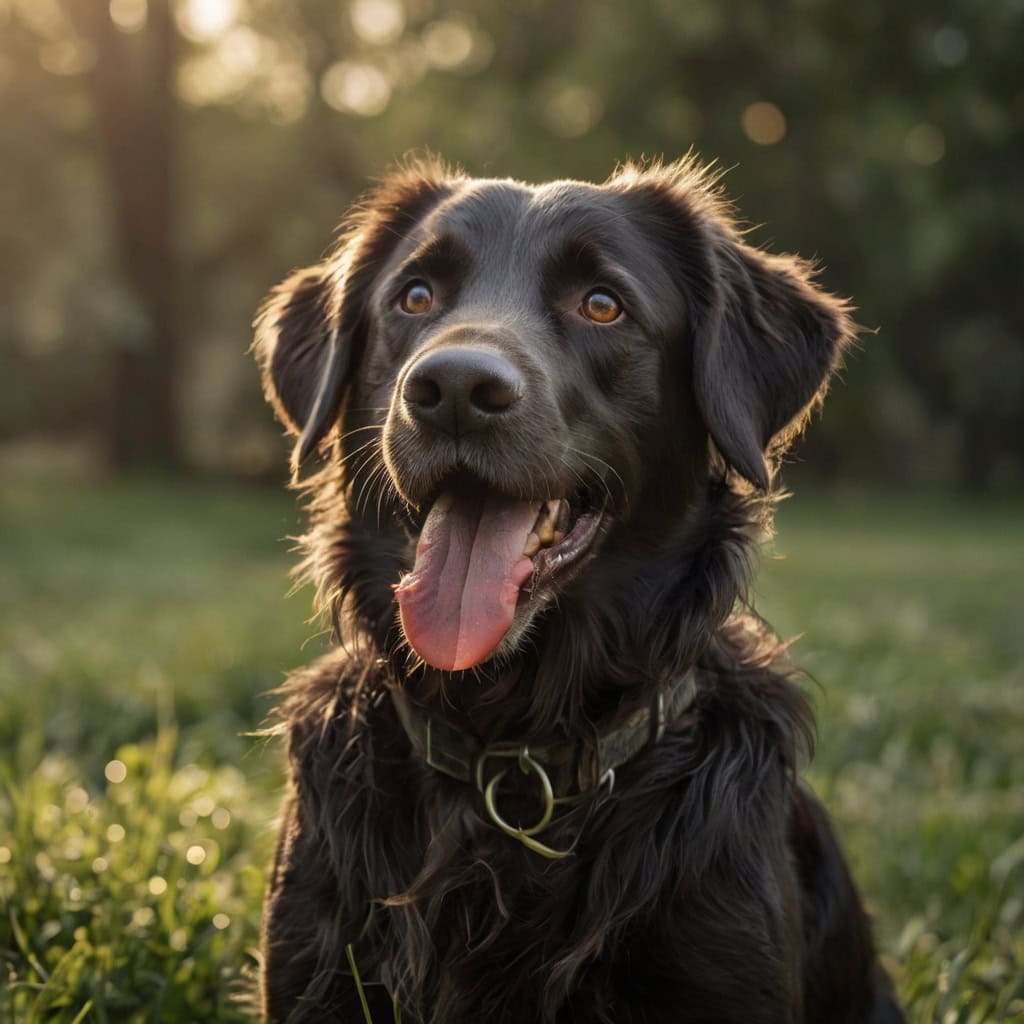 A black dog standing on the grass in the sunlight.