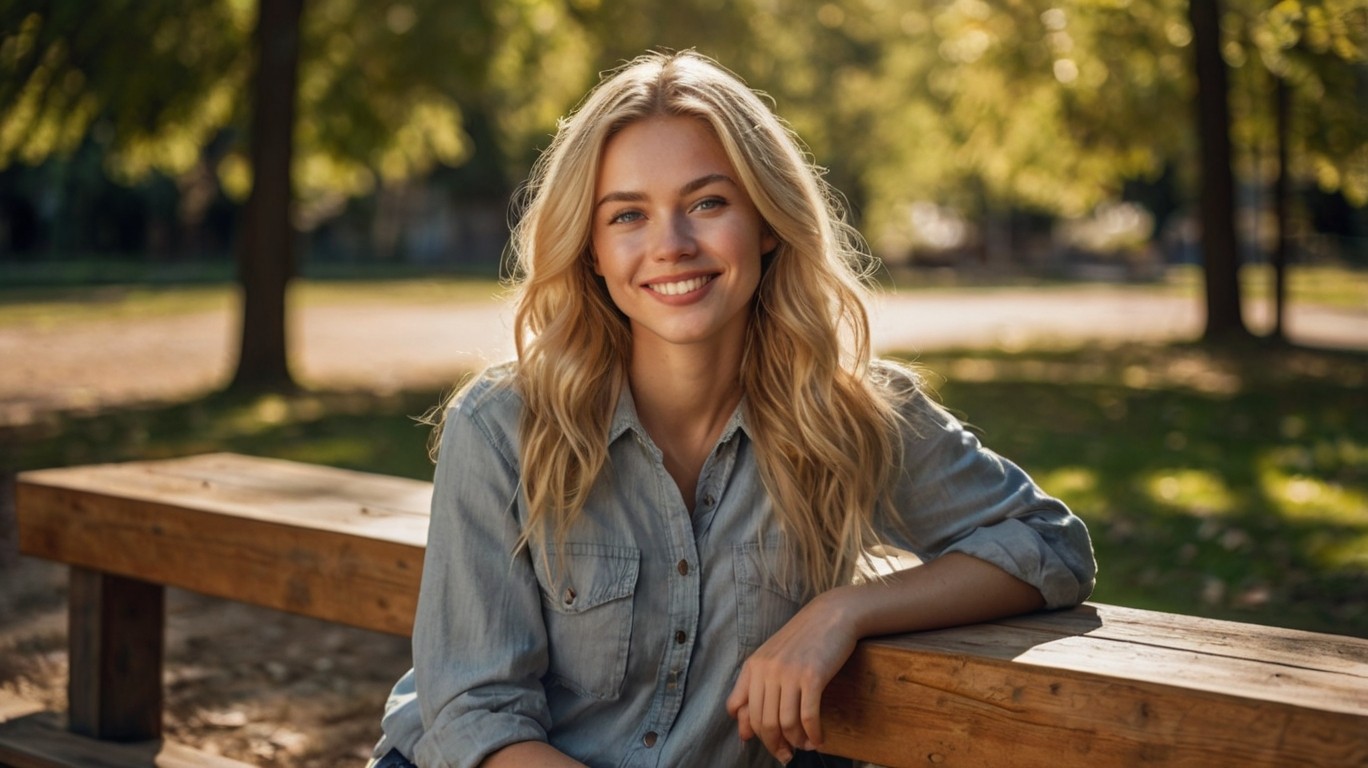 A blonde woman with long hair smiling at the camera while sitting on a bench in a park.