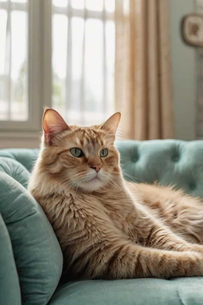 A fluffy beige long-haired cat lounging on a sofa indoors.