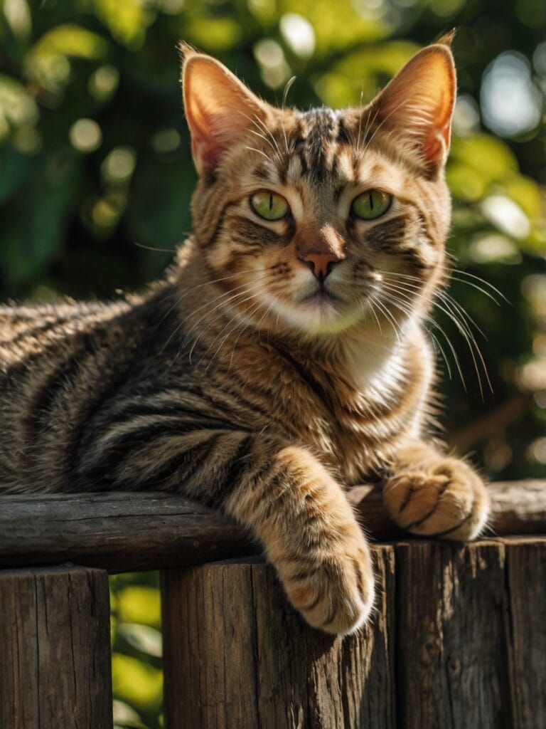 A green-eyed tabby cat relaxing outdoors in the sun.