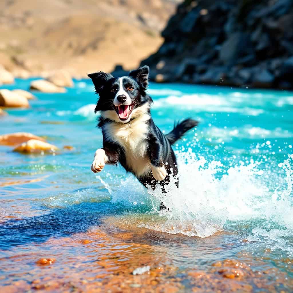 A black and white dog jumping out of the water during a vacation.