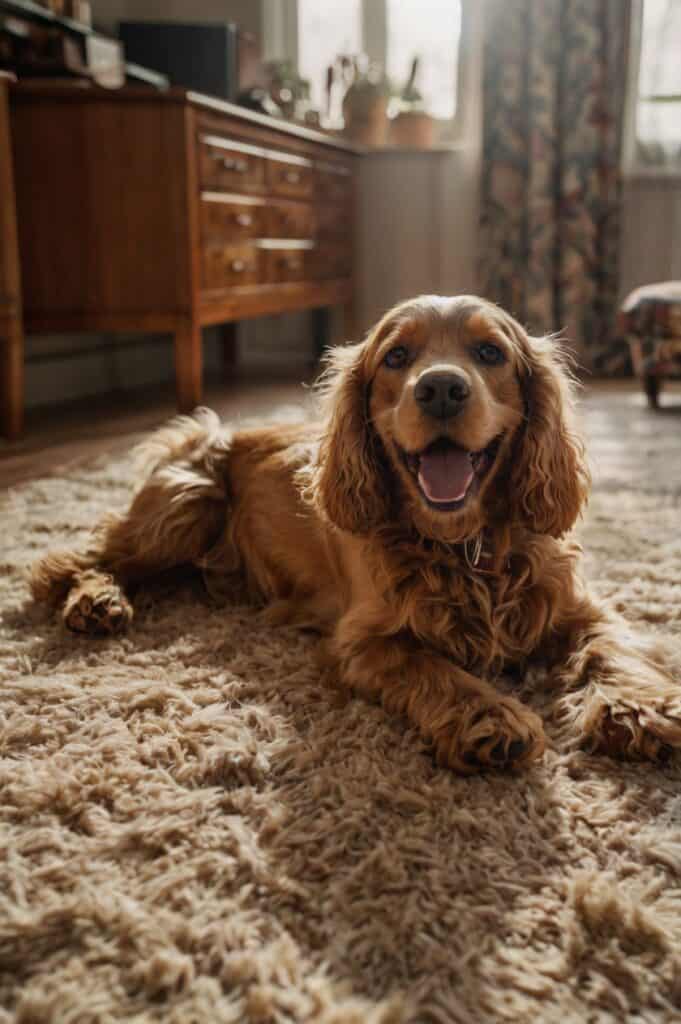 A Cocker Spaniel lying on a rug indoors, looking at the camera.
