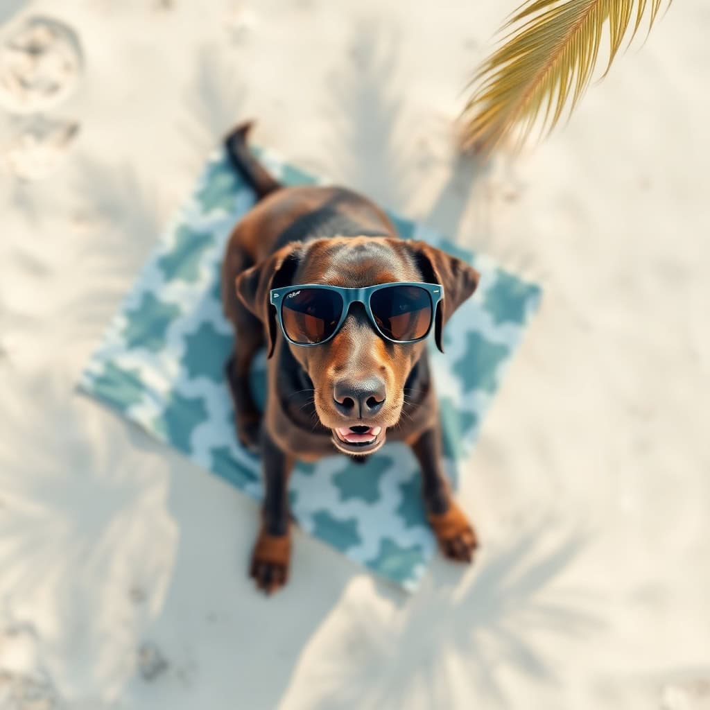 A dog wearing sunglasses sitting on a blanket at the beach, looking at the camera.