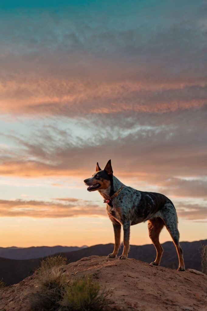 A dog standing on a rock at sunset in a natural outdoor setting.