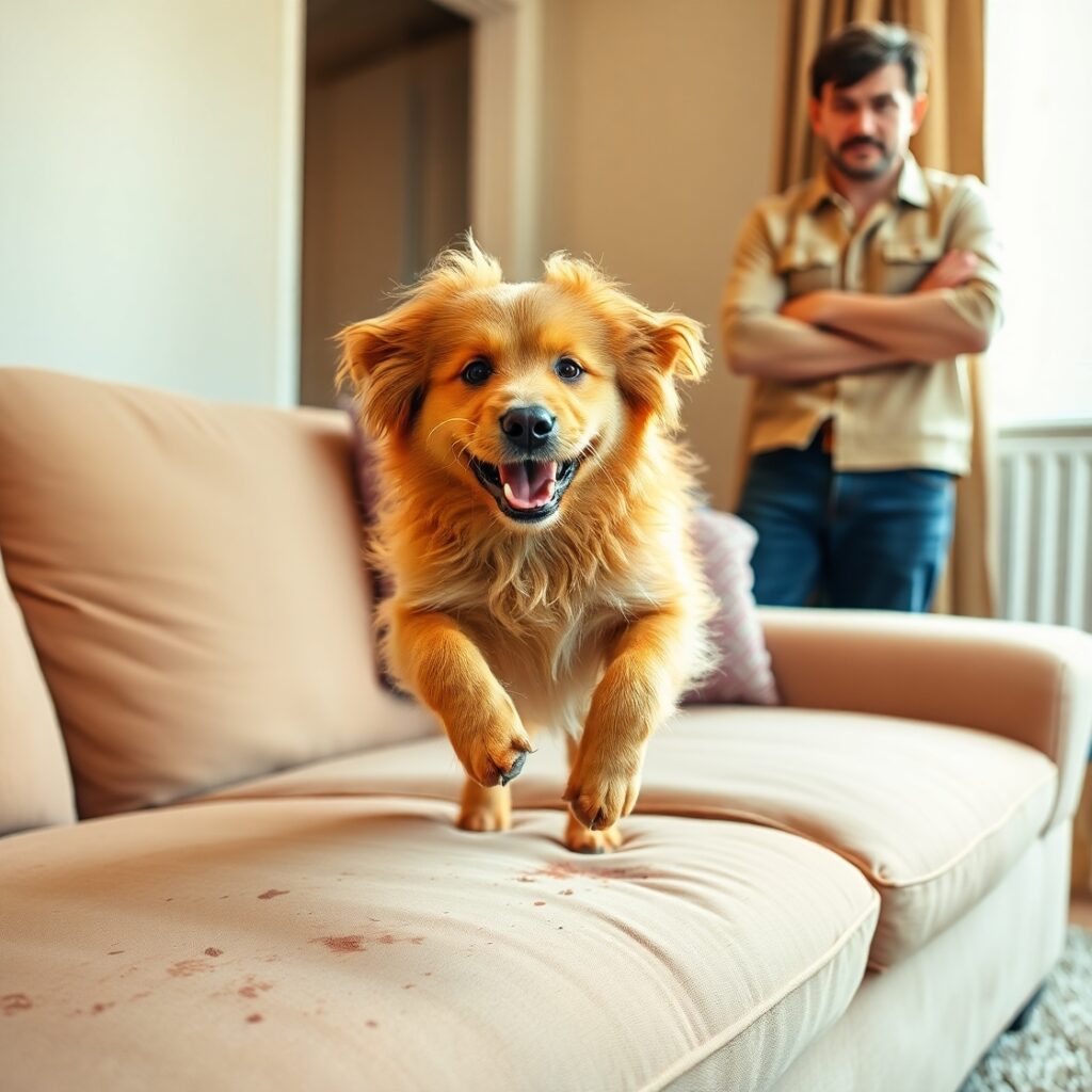 A dog with muddy paws jumping on a clean couch
