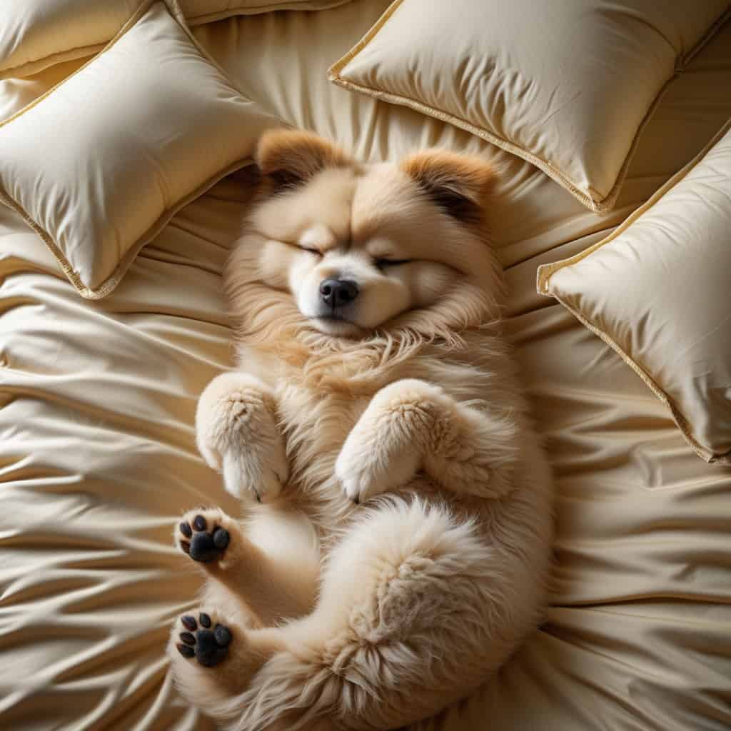 A fluffy light brown dog sleeping peacefully on a bed.