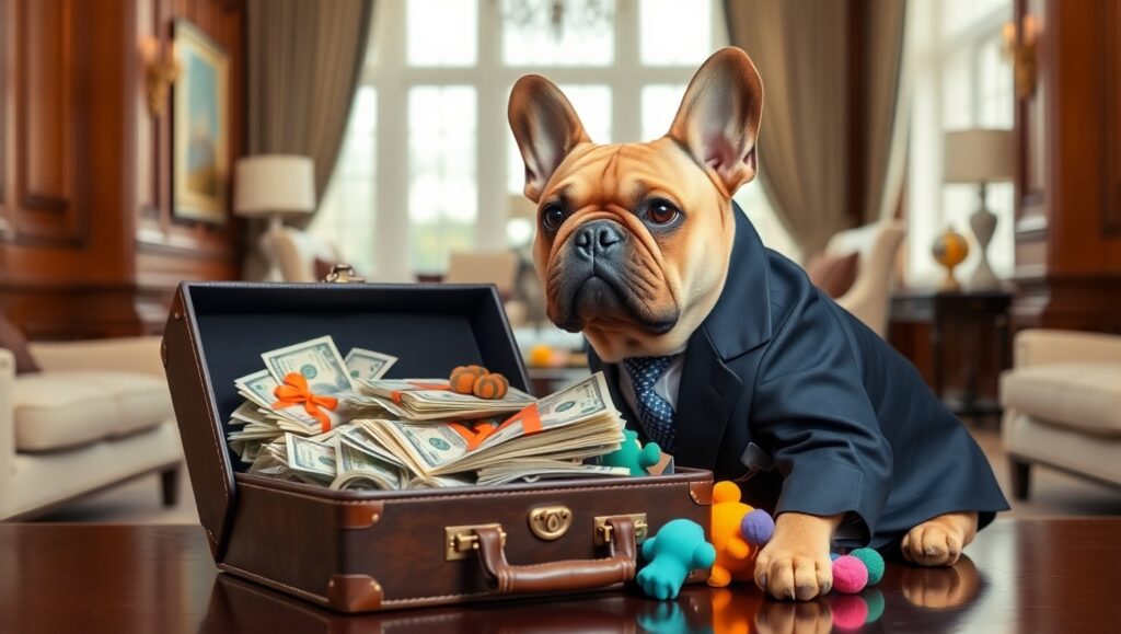 A serious French Bulldog in a business suit sitting beside an open briefcase filled with cash and dog toys, in a stylish and luxurious interior setting.