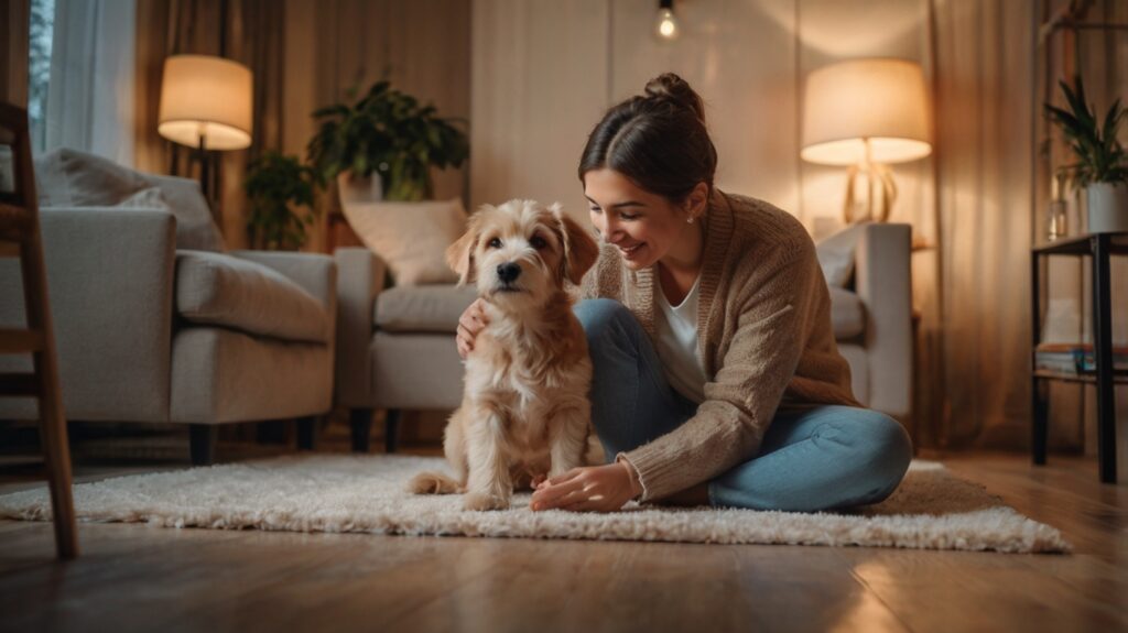 A young woman sitting on the floor gently petting her dog