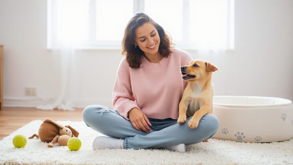 Young woman sitting on the floor next to a small puppy and his dog toys