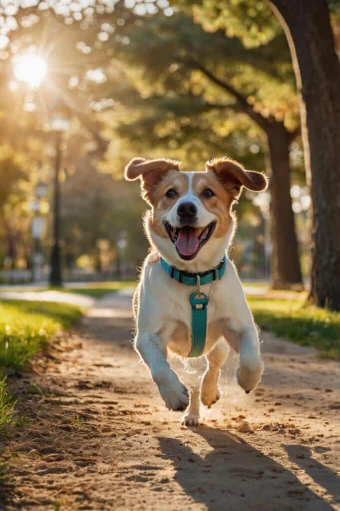A white and brown dog running through a green park on a sunny day.