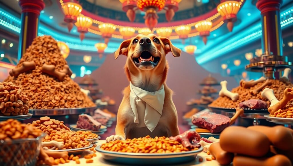 An excited dog with a napkin around its neck standing at an extravagant buffet table overflowing with kibble, treats, bones, and meat, styled like a flashy Las Vegas feast with bright lights and glamour in the background.