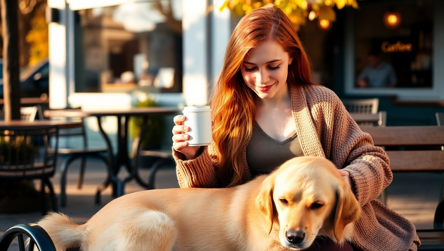 A red-haired girl sitting on a bench looking down at her dog.