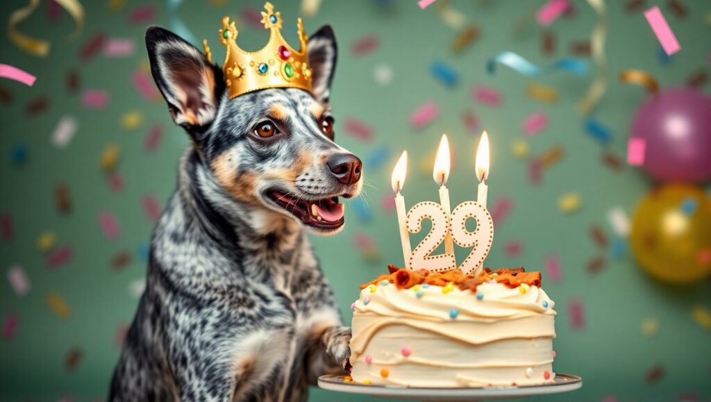 A senior dog wearing a crown celebrates its birthday in front of a cake