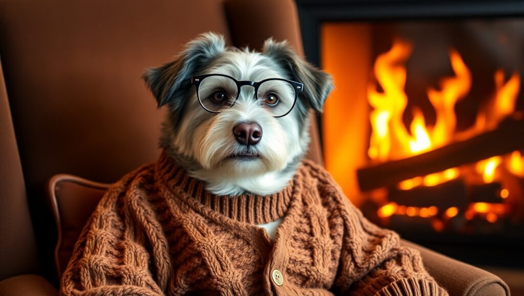 An elderly dog wearing glasses and a cozy sweater sitting by a fireplace