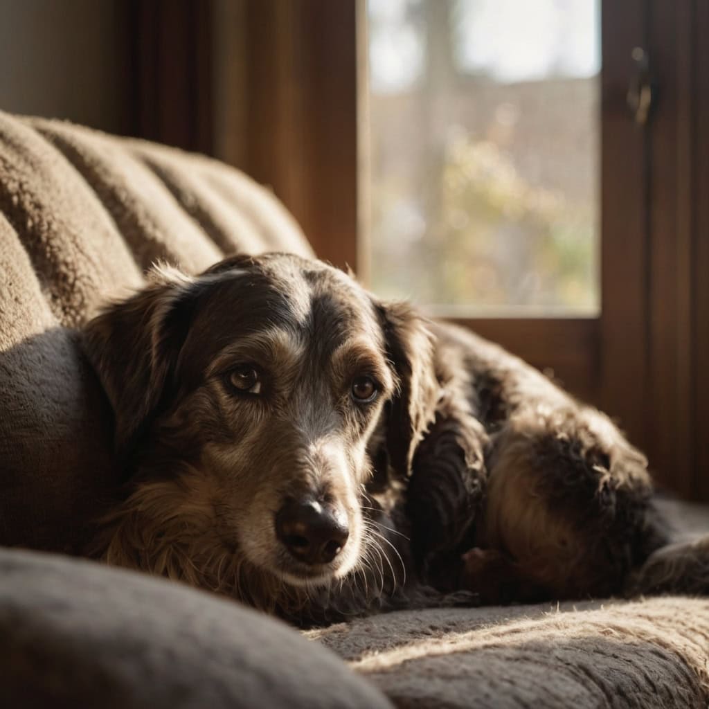 An older, slightly gray dog lying on a couch indoors.