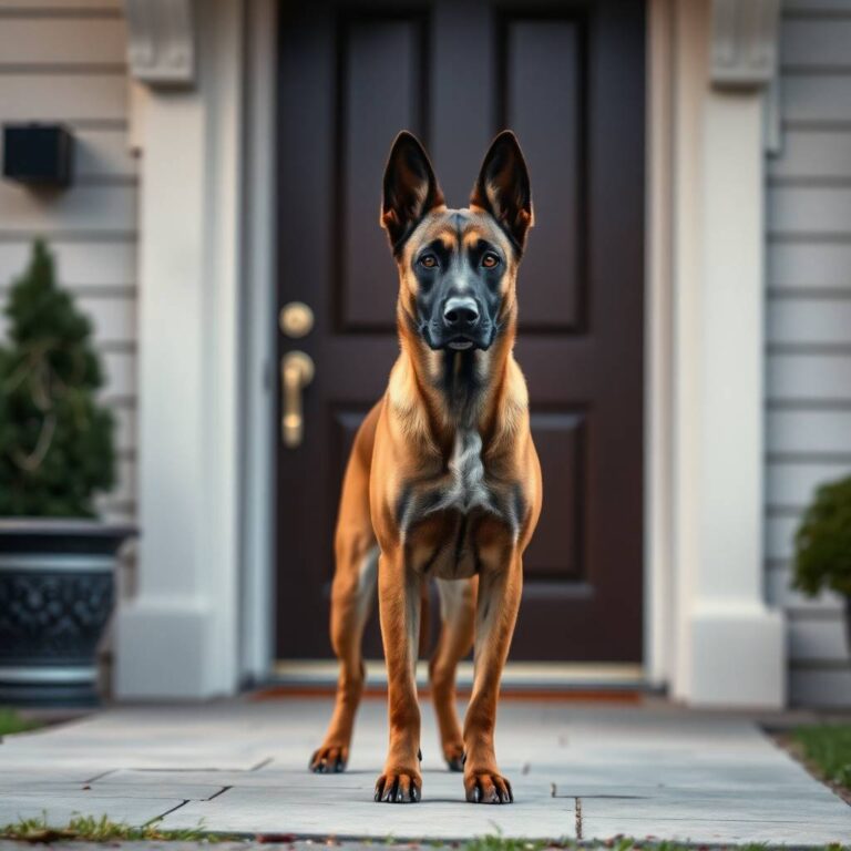 A vigilant guard dog standing in front of a house, attentively watching for potential threats.