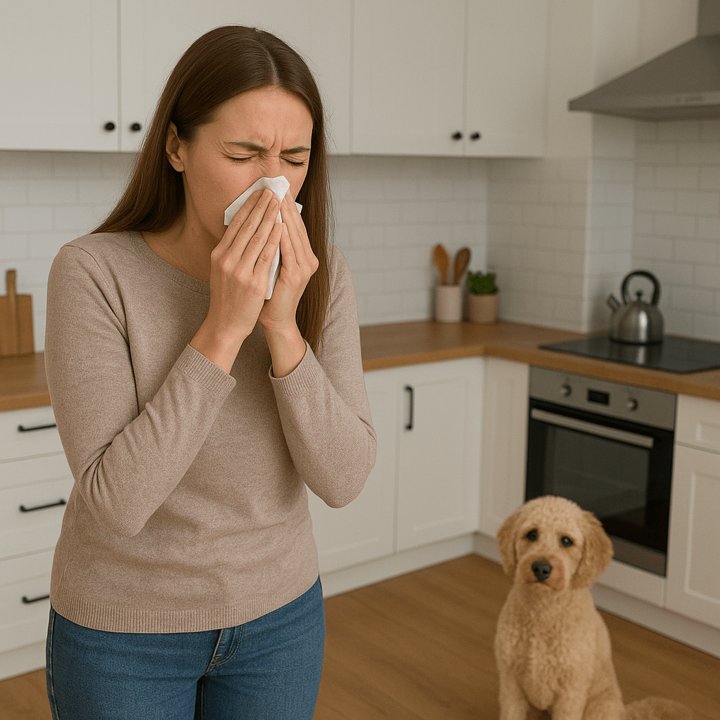 A young woman sneezes into a tissue while standing in a modern kitchen, with a curly-haired hypoallergenic dog sitting in the background watching her.