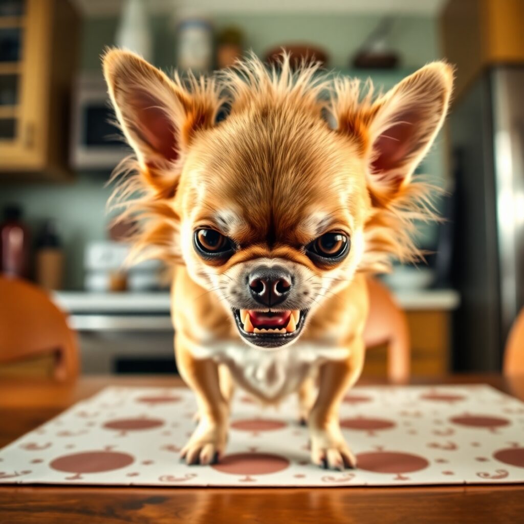 A small Chihuahua with bristled fur and bared teeth stands still, staring intensely into the lens.