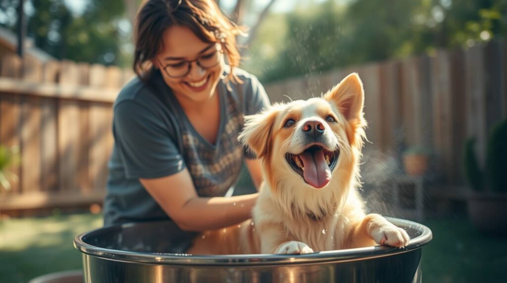 A woman bathing her  hypoallergenic dog outdoors in a garden, the dog looks happy. joyful, summery atmosphere.