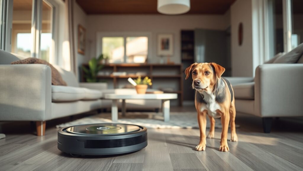 A hypoallergenic dog standing in a living room, watching a robot vacuum cleaner moving across the floor