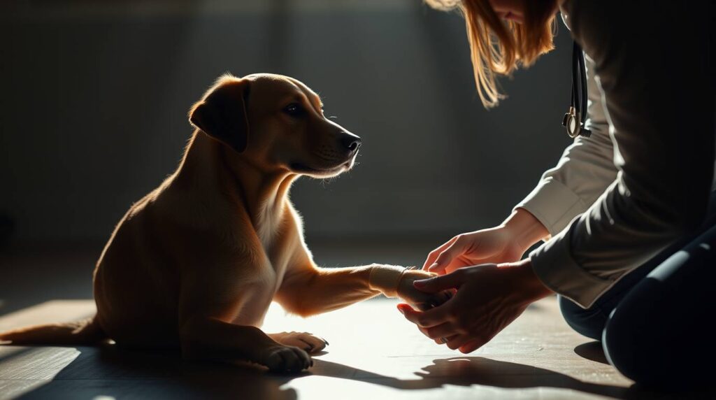 A dog lying calmly while the owner gently holds and bandages its paw, showing care and attention.
