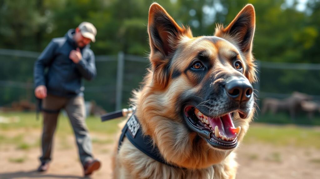 A German Shepherd practicing obedience with a professional dog trainer during a training session.