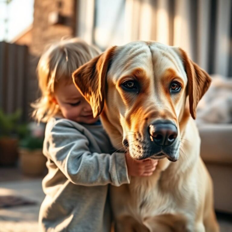 Giant dog standing next to a small child, showing size difference, cozy backyard or living room, friendly and calm dog – one of the best large dog breeds for families