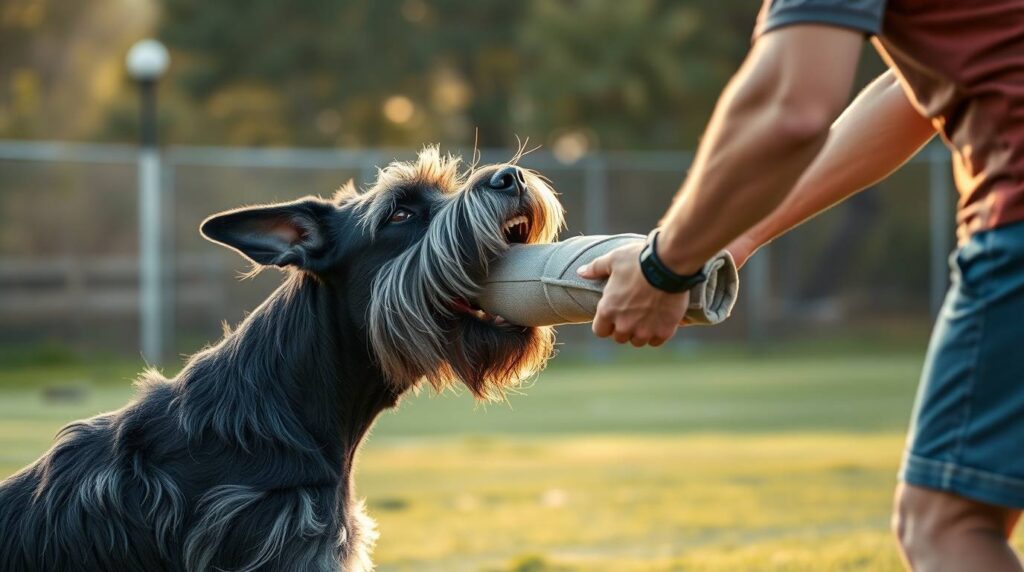 A giant schnauzer in a training session biting a protective sleeve designed for working dogs.