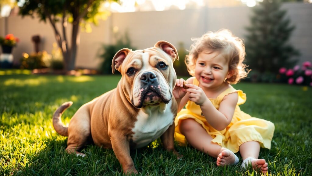 A small girl sitting in a garden beside a loyal guard dog, showing a warm and friendly bond.