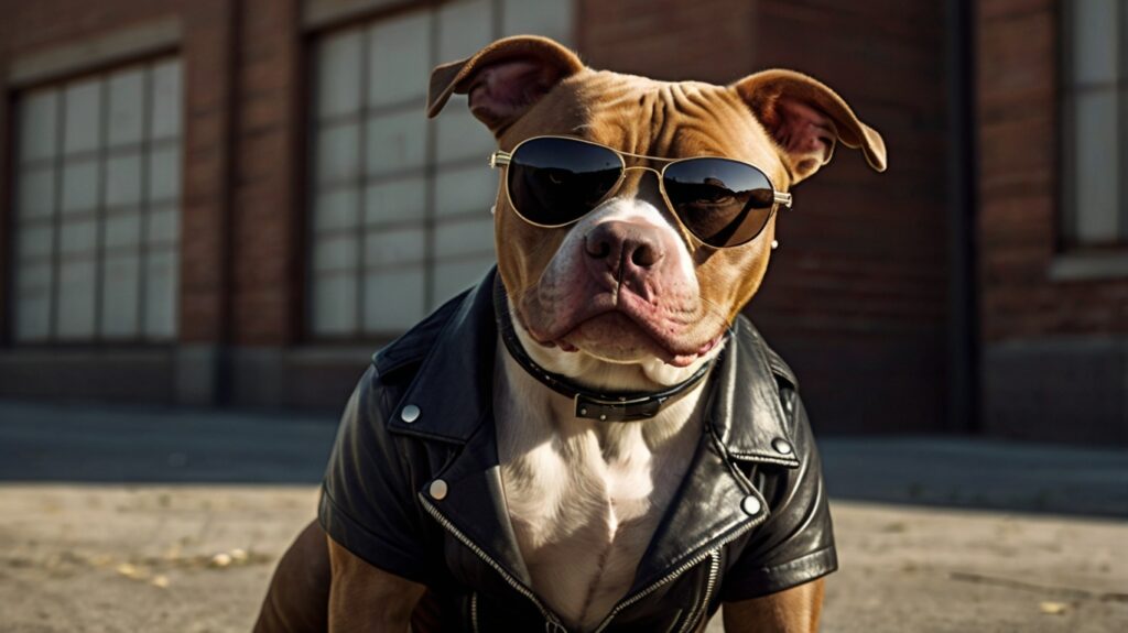 A pitbull, often stereotyped among aggressive dog breeds, stands on the street in a leather jacket and dark sunglasses, exaggeratedly styled to look like a gangster character.