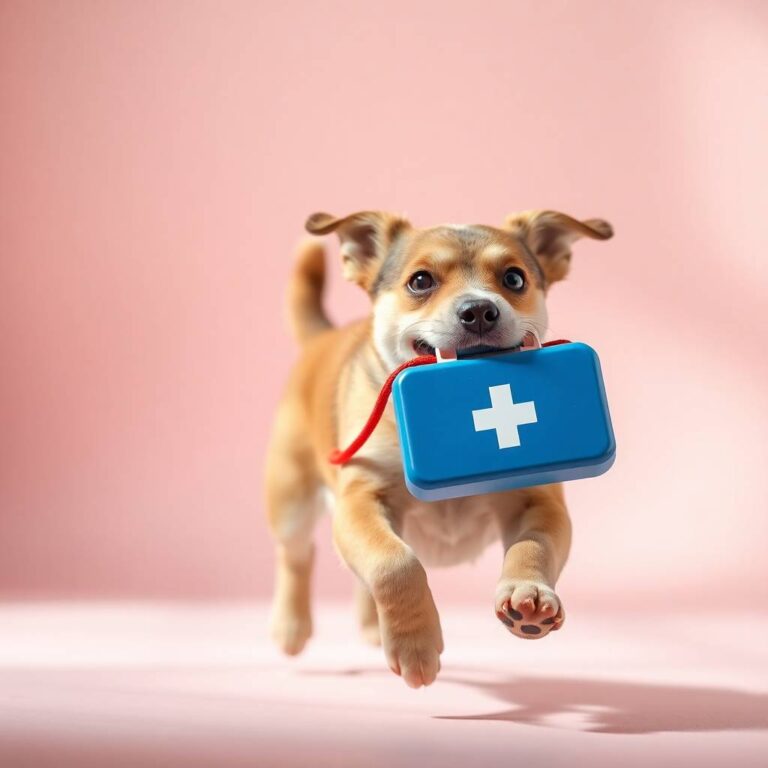 A cute dog running with a small colorful first aid kit in its mouth, looking happy and playful.