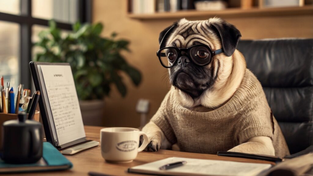 A cute Pug acting as a therapy dog, sitting at a miniature desk with a small cup of coffee, wearing round glasses and looking attentively, as if conducting a therapy session