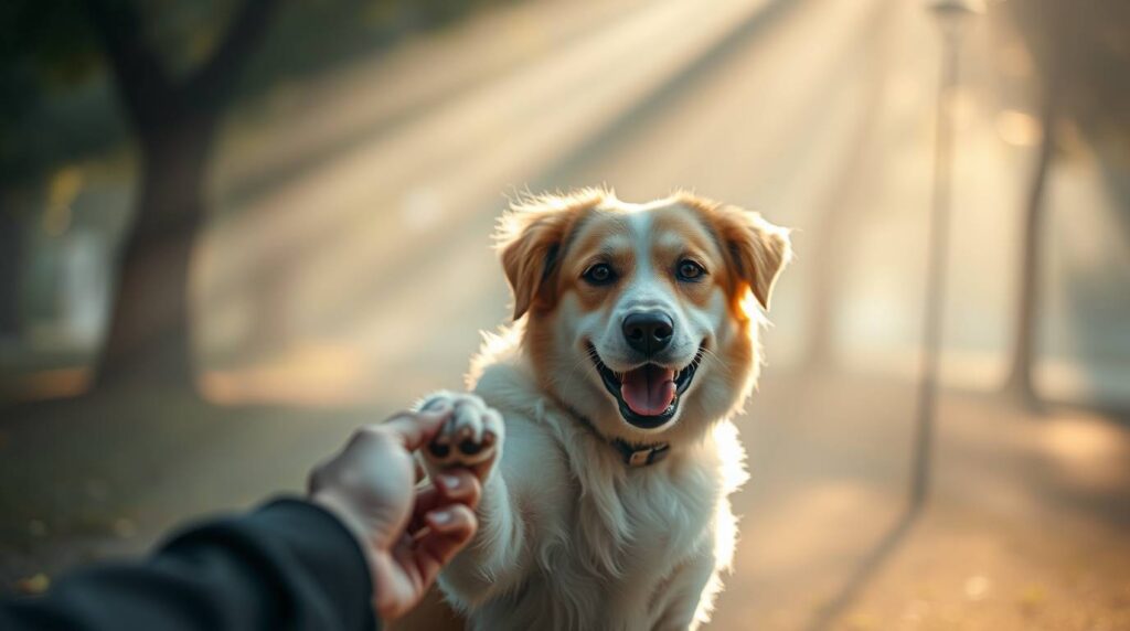 A happy dog sits outdoors in a park, smiling while giving its paw to the owner’s hand during a positive reinforcement training exercise.