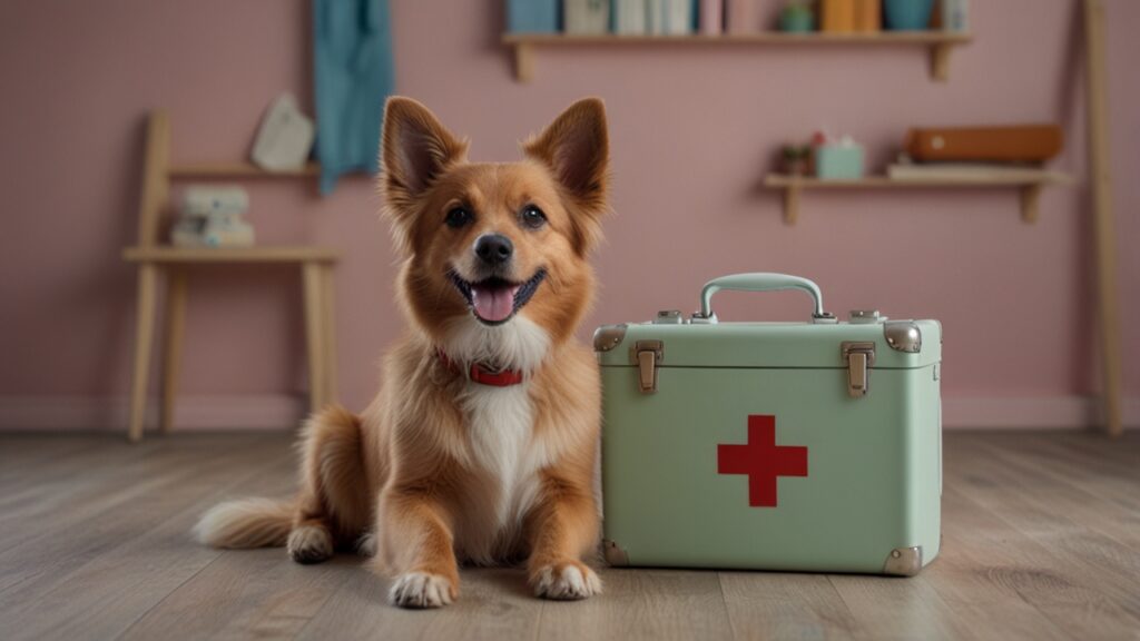 A smiling dog lying next to a first aid kit suitcase at home, looking happy and relaxed.