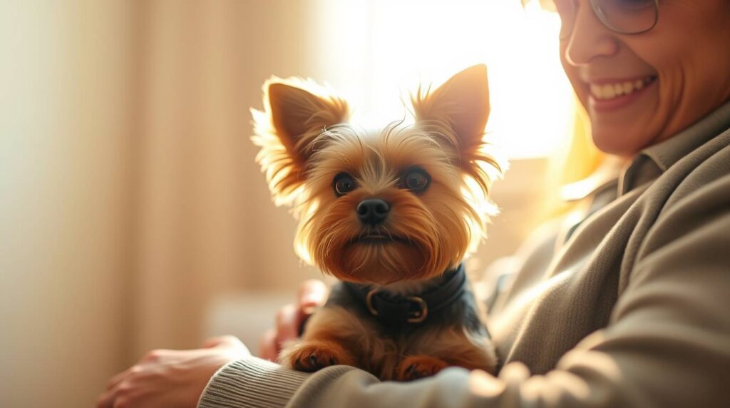 A calm and affectionate Yorkshire Terrier therapy dog sitting comfortably on a person’s lap. The person gently pets the dog and smiles, highlighting the bond, emotional support,