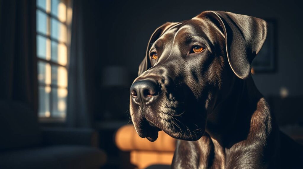 Close-up of a Great Dane looking into the distance, showing its calm and gentle expression, one of the best large dog breeds for families, realistic stock photo, friendly and attentive dog