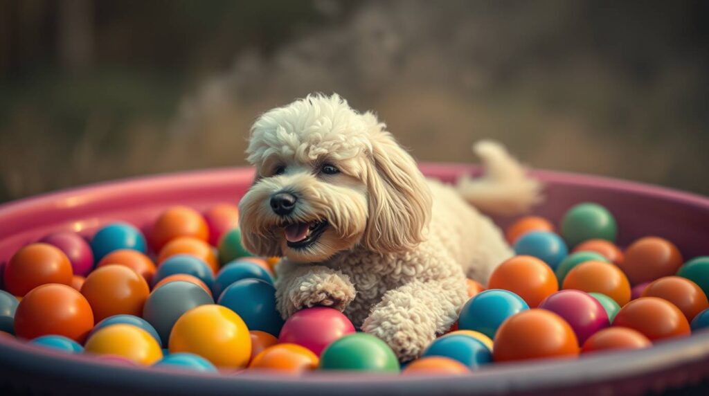 A playful Poodle in a kiddie pool of colorful balls, cinematic haze and moody style, blurred background, Best Easy to Train Dogs.