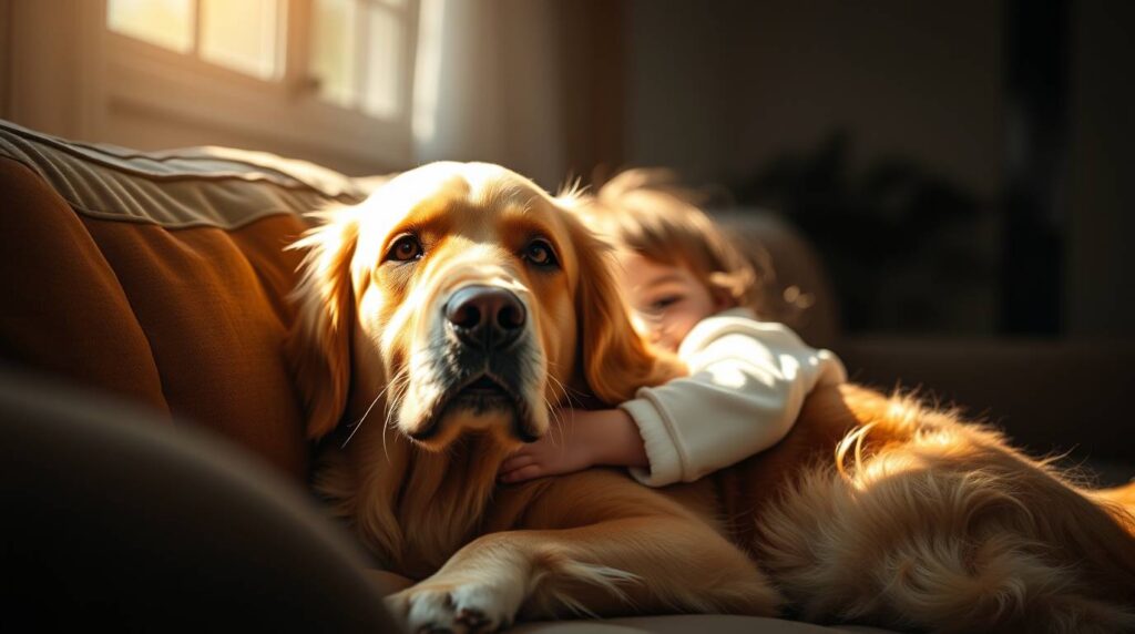 Golden Retriever cuddling a child on a couch,one of the best large dog breeds for families