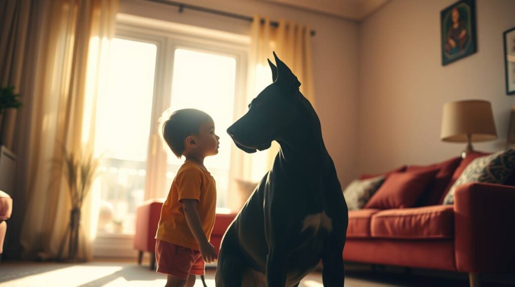Great Dane and child silhouetted against strong backlighting in a living room, warm natural light, gentle and friendly dog, one of the best large dog breeds for families