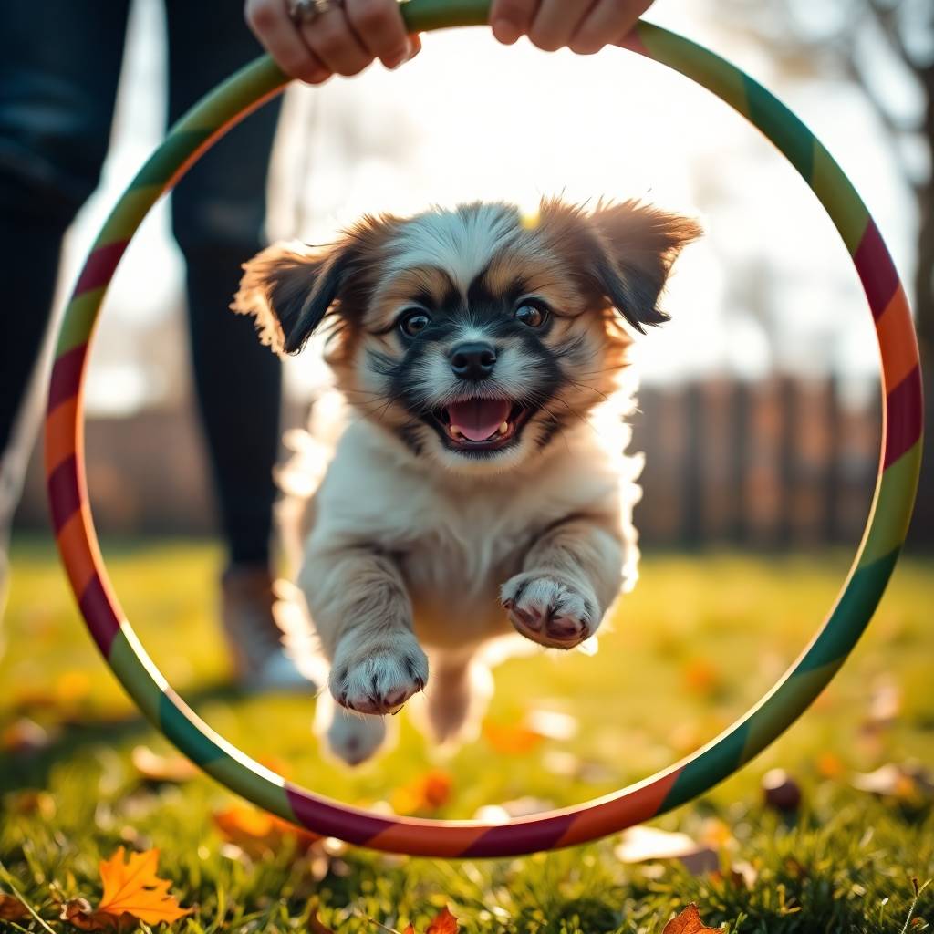 A happy Shih Tzu puppy jumping through a colorful hoop, playful eyes and flapping ears, warm autumn colors, Best Easy to Train Dogs.