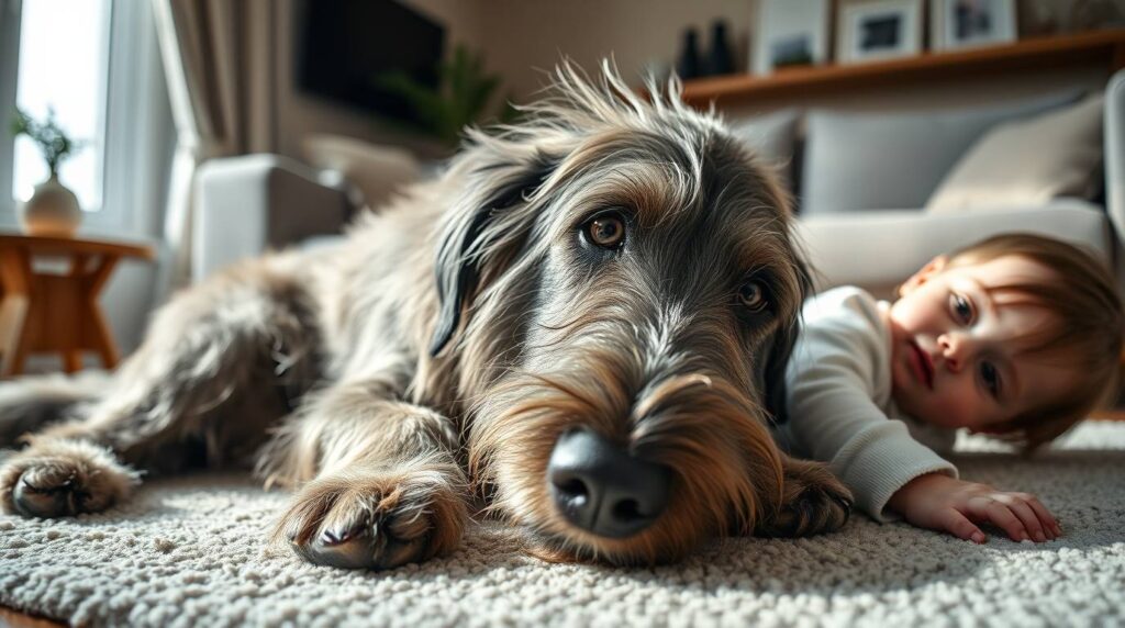 Irish Wolfhound gently lying next to a toddler in a living room, one of the best large dog breeds for families