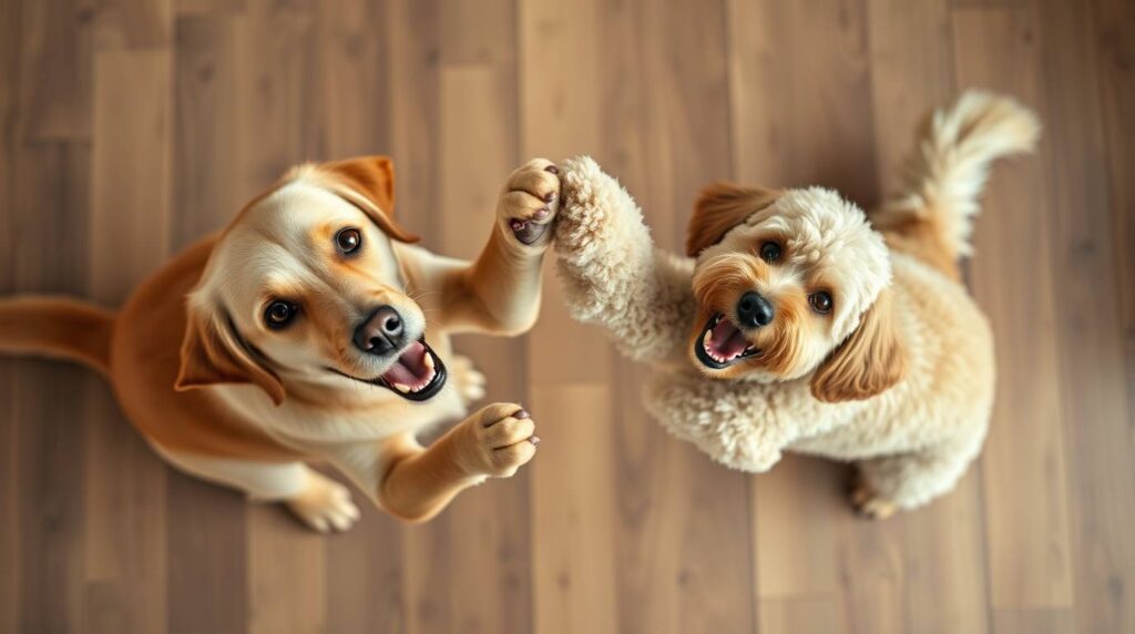 A Labrador Retriever and a Poodle mid-air high-five with happy expressions, natural earth tones, professional quality, Best Easy to Train Dogs.