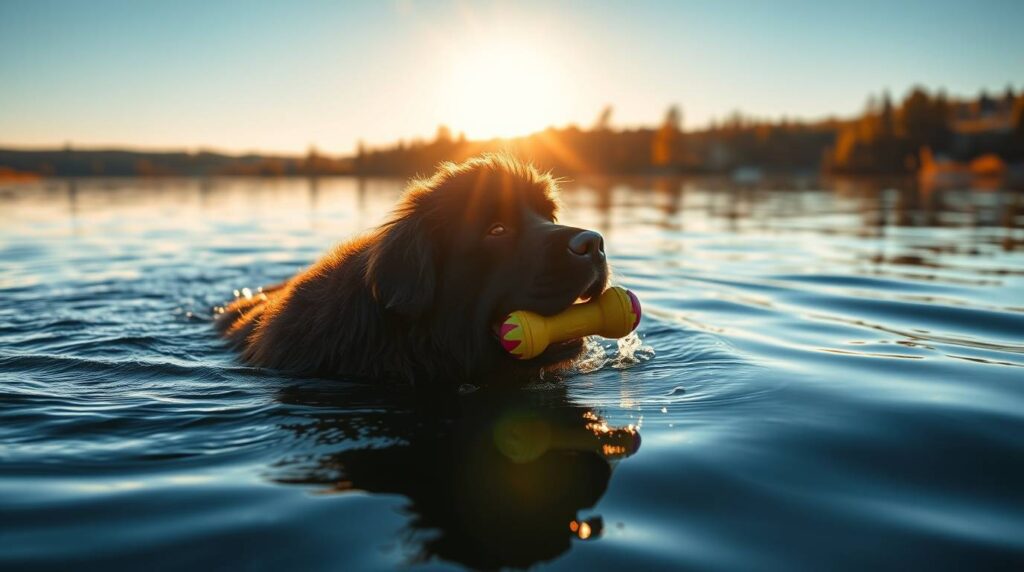 Newfoundland dog, one of the best large dog breeds for families, swimming in a lake with a floating toy