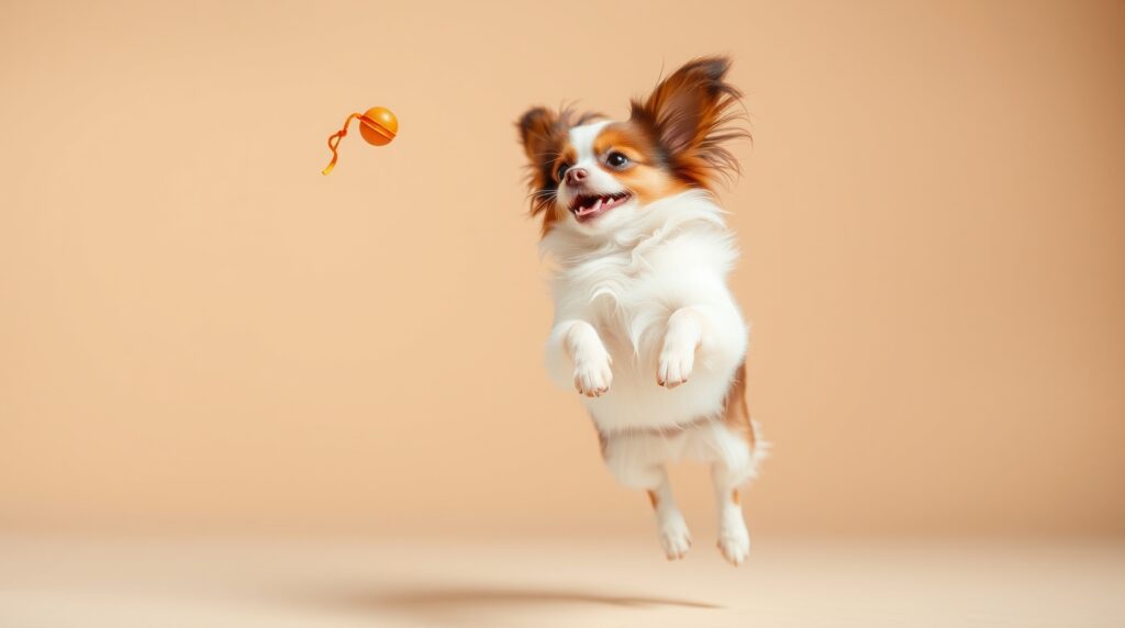 A Papillon dog in mid-leap catching an object, energetic and lively, professional stock photo, Best Easy to Train Dogs.