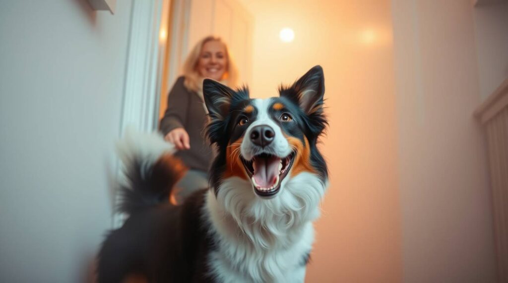 border collie happily greeting owner at home, wagging tail, joyful expression