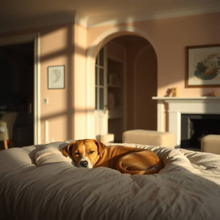 Calm and relaxed dog lying in a cozy dog bed on a soft rug. Dog shedding icon