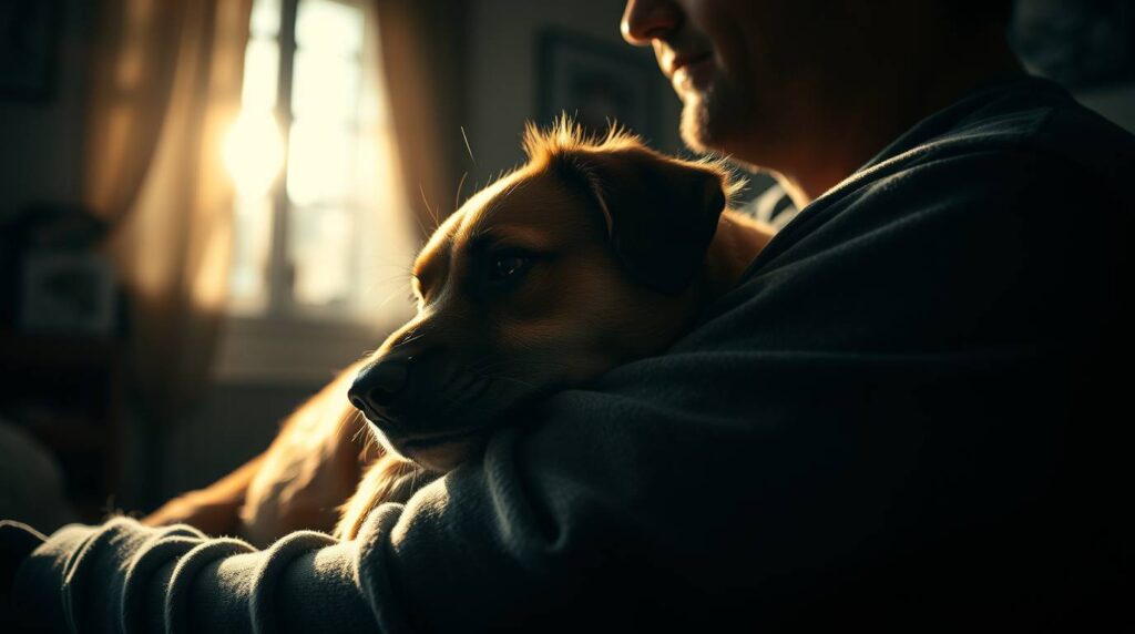 separation anxiety in dog - Dog snuggling closely with owner, showing strong emotional bond and affection