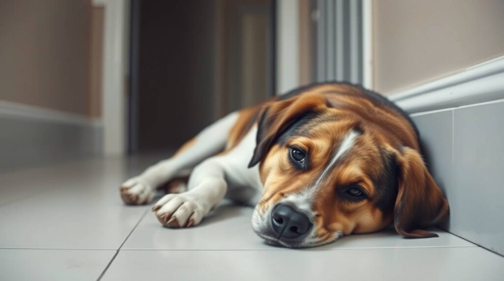Dog lying on the floor with head resting on paws, looking toward a door or window, showing subtle sadness